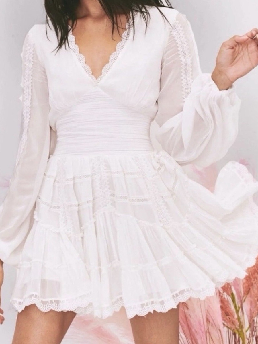 Rococo Sand White Lace Trim Long Sleeve Mini Dress
